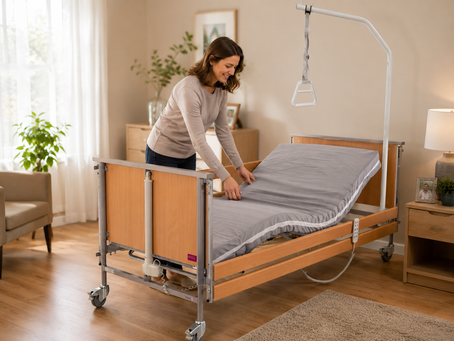 Elektromos betegágy otthoni előkészítése matraccal és kapaszkodóval